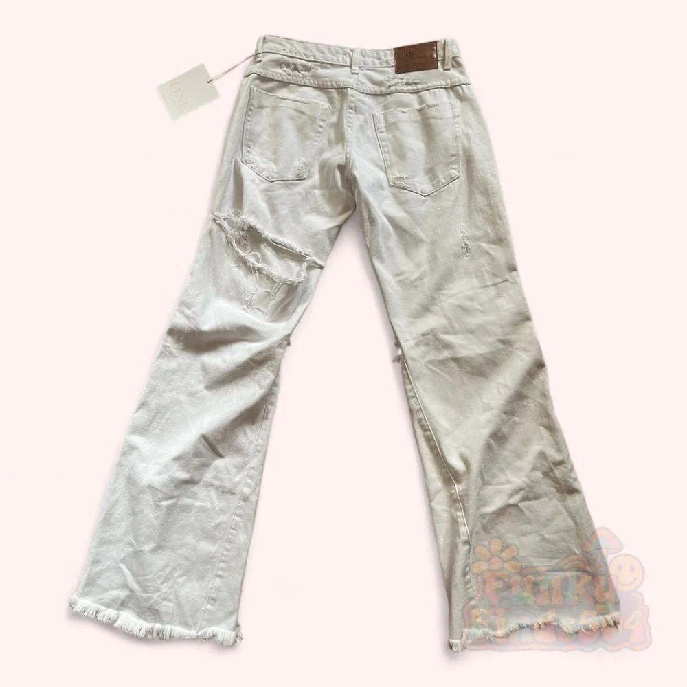 One Teaspoon White Westender Distressed Flare Jeans Low Rise Ripped Barrel Sz 26